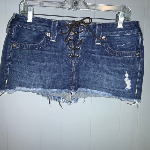 True Religion lace up denim mini Sz 28 raw hem vintage - Picture 1 of 4